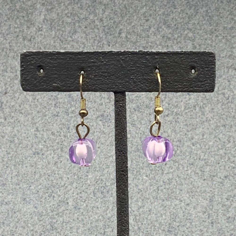 Purple Square Bead Earrings Silver Translucent Round Dangle Pierced